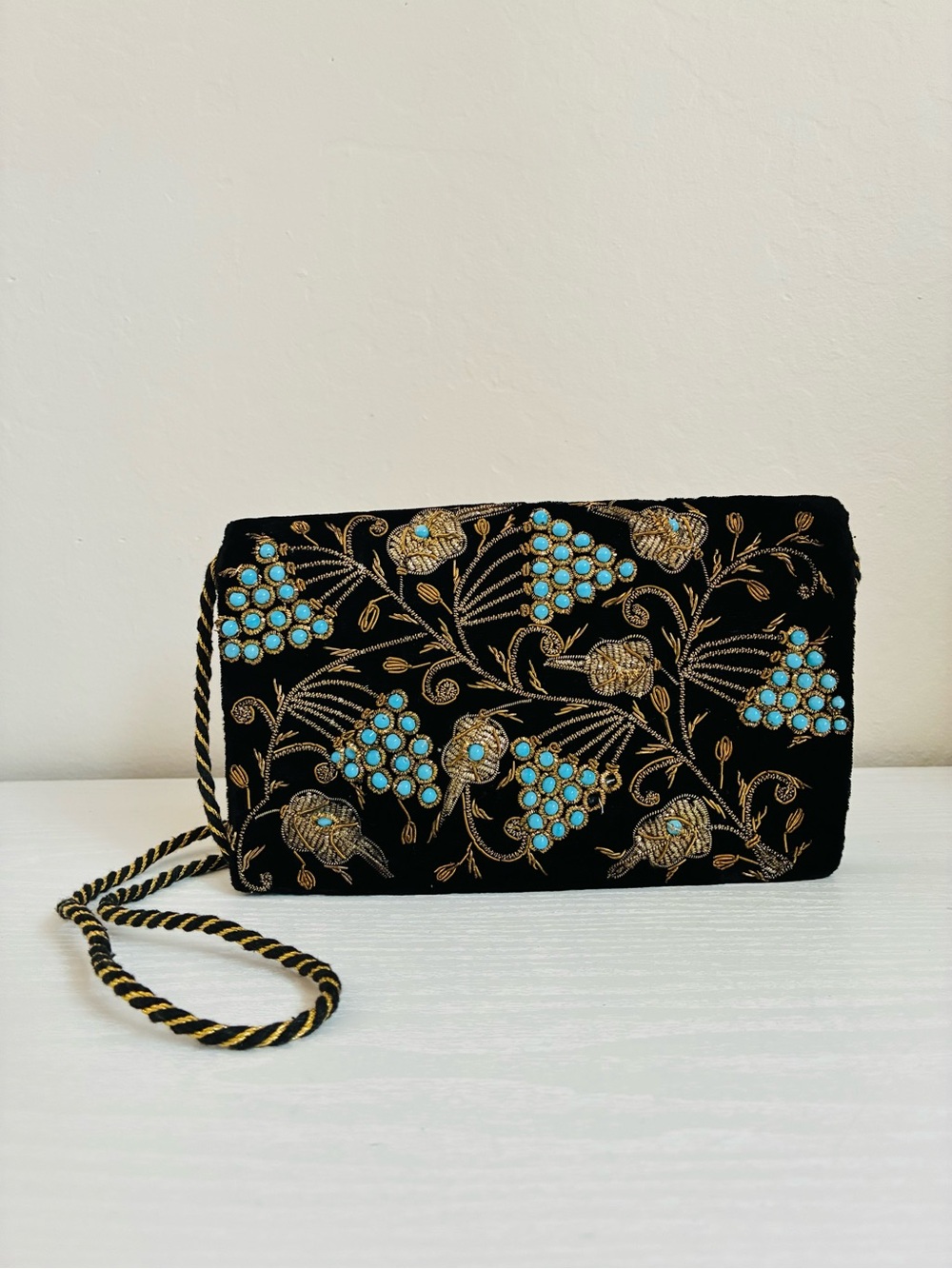 Embellished Black Velvet Evening Clutch with Turquoise Accents